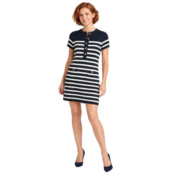 Zara Dresses & Skirts - ZARA Navy & White Small Striped Short Sleeve Button Front Shift Dress